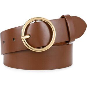 Women Leather Belt with Circle Gold Buckle Fashion Ladies Waist Belt Coffee Gold